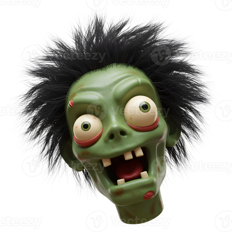Cartoon zombie head with wild hair and bulging eyes stares wide eyed, perfect for Halloween or spooky themed content. png