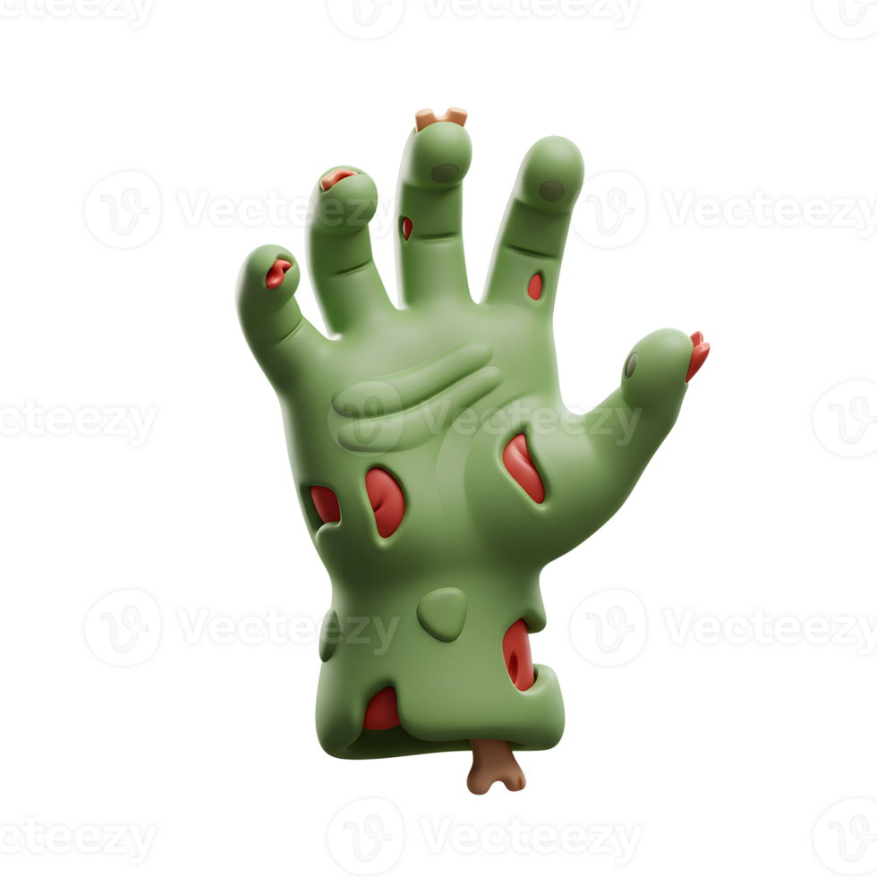 A green zombie hand with missing flesh points upward in this Halloween illustration that is perfect for decoration. png