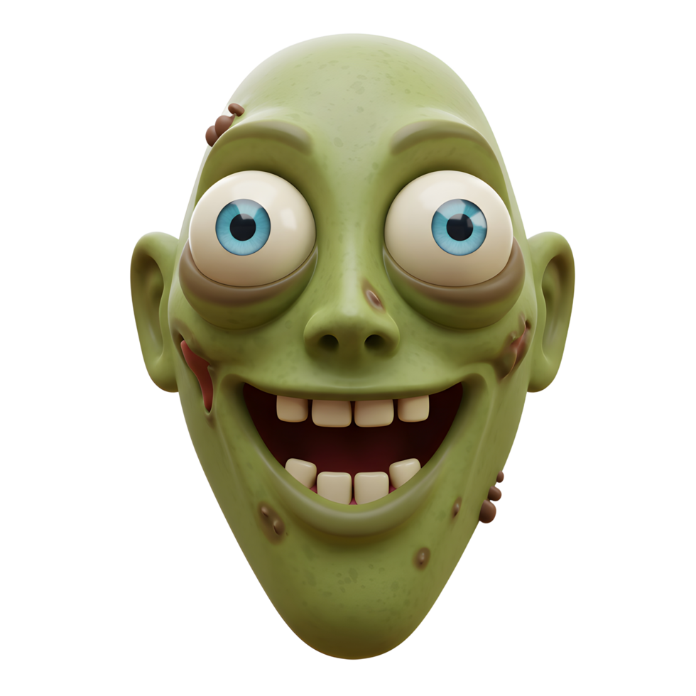 Cartoon zombie with a green face and big blue eyes smiles widely, making it perfect for Halloween decorations or themed birthday parties. png