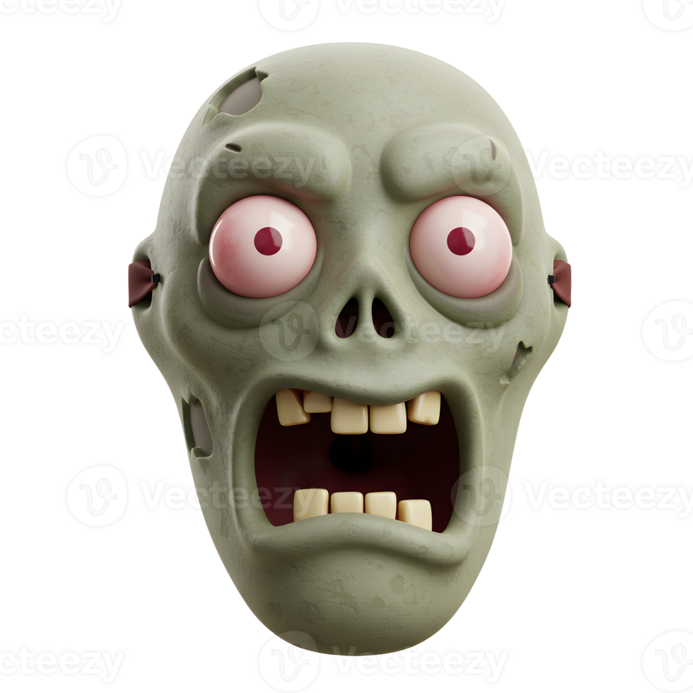 A cartoon zombie face with green skin and a gaping mouth is shown on a white background, perfect for Halloween decorations or horror themes. png