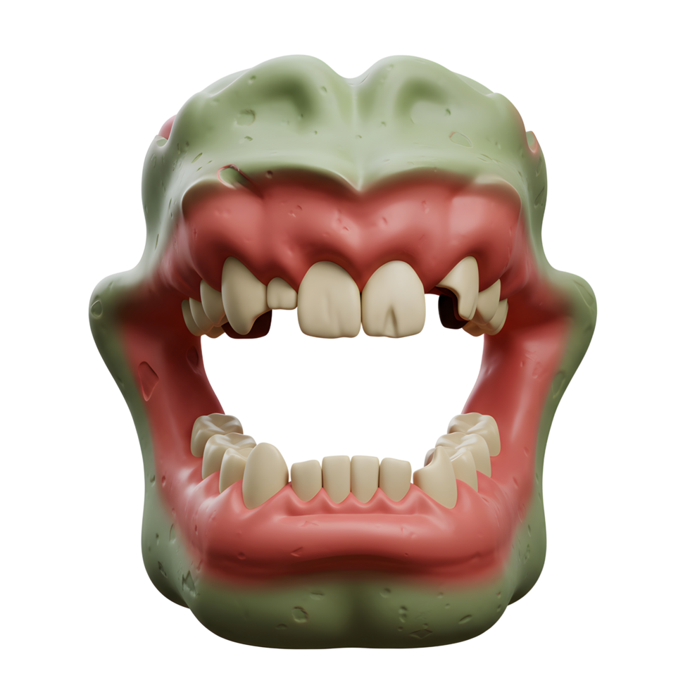 A cartoon mouth with green skin and white teeth is open wide, creating a fun, spooky design to be used for Halloween decorations. png