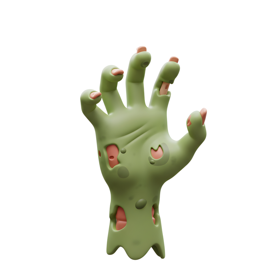 A cartoon zombie hand with rotting flesh is illustrated against a white backdrop, perfect for Halloween designs. png