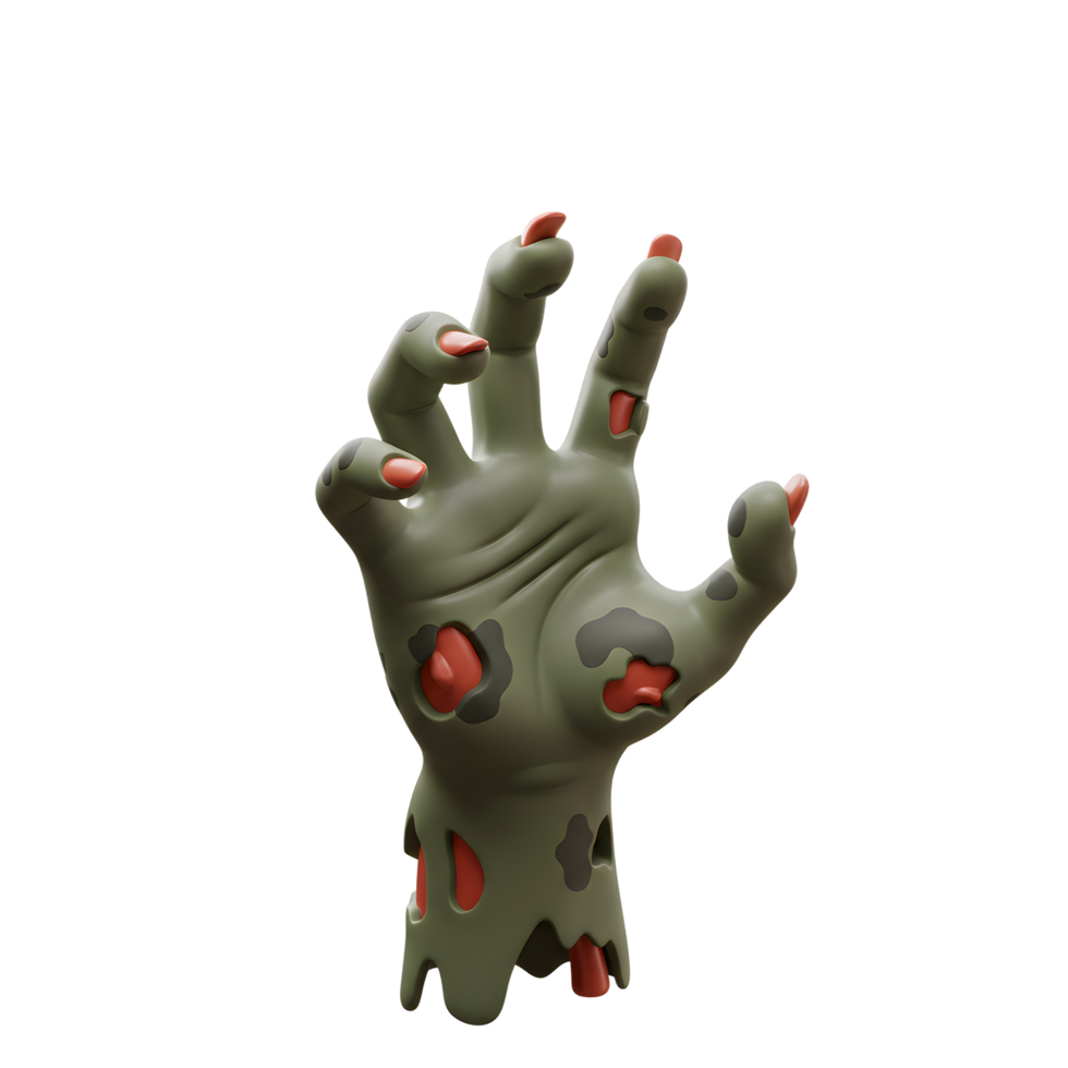 An illustration shows a spooky green zombie hand with red nails and decaying flesh reaching up against a white background, perfect for Halloween themes or horror projects. png