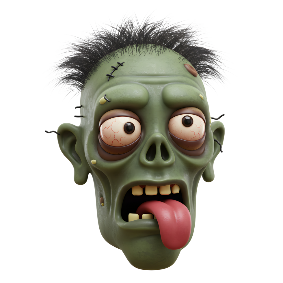 A comical green zombie head with bulging eyes, a protruding tongue, and stitches is depicted in a cartoonish style, perfect for Halloween decorations or spooky themed designs. png