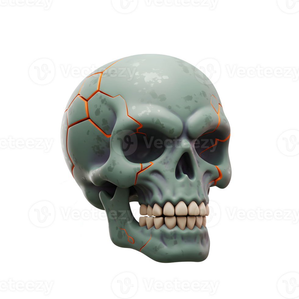 An eerie skull features intricate cracks and radiating colorful rays against a white background, perfect for digital art or Halloween themed designs. png