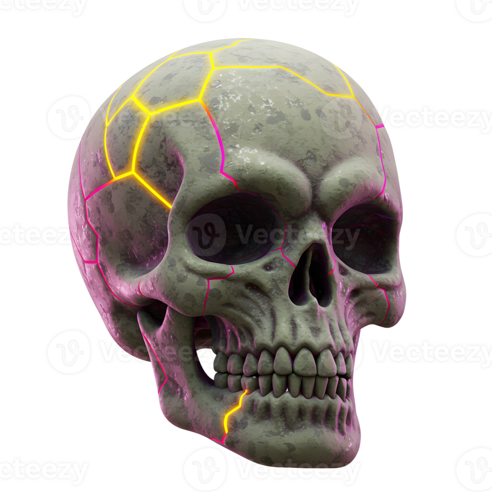 A textured gray skull is displayed with neon yellow and pink cracks highlighting its surface, perfect for adding a vibrant edge to any project. png