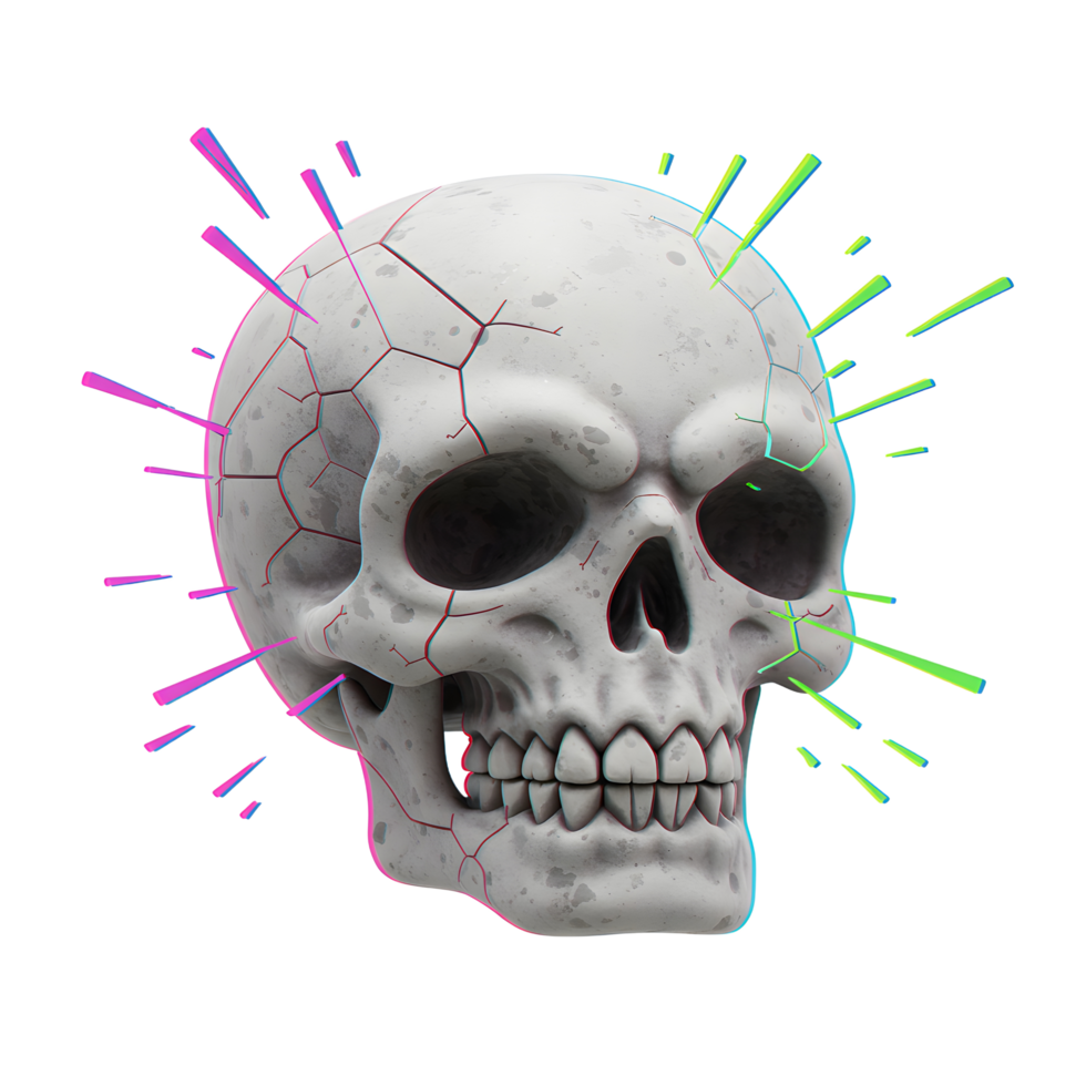 A cracked skull is featured with radiating neon green and purple rays for a striking design element. png