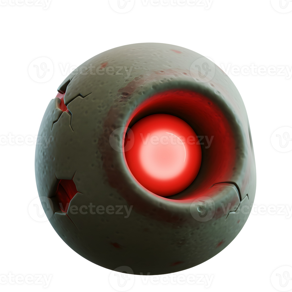 A cracked sphere with a glowing red orb nestled within evokes a sense of mystery, making it ideal for use in science fiction or fantasy themed projects. png