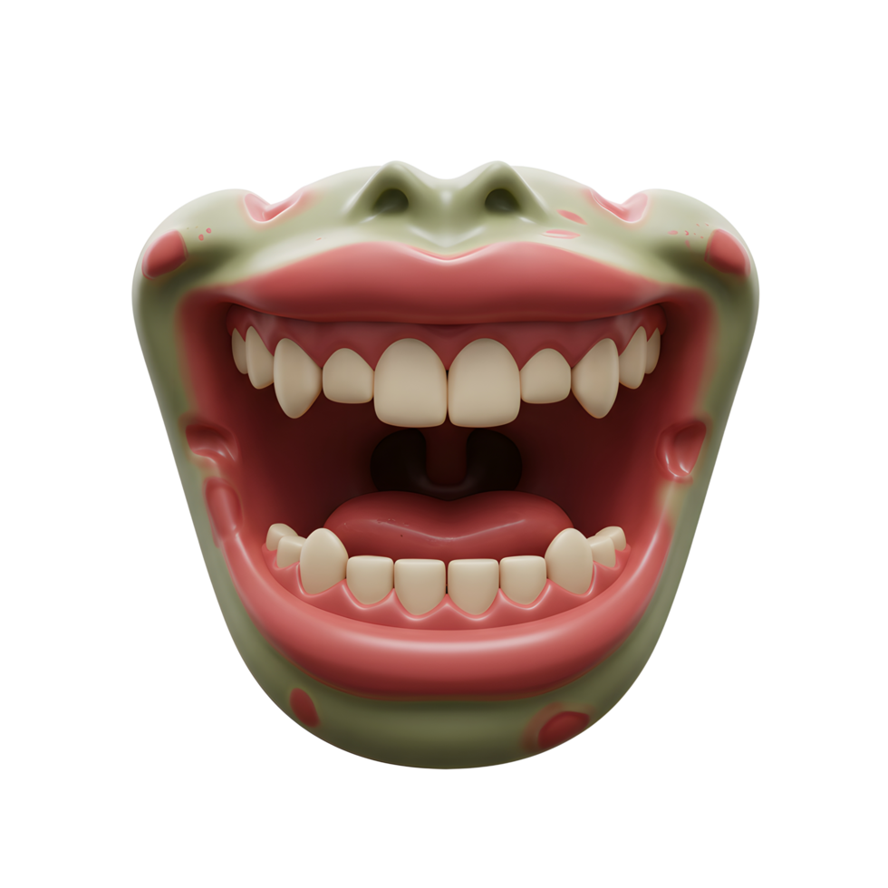 A green zombie like face with an open mouth full of teeth features a cartoon like style, for use as a fun or scary decoration. png
