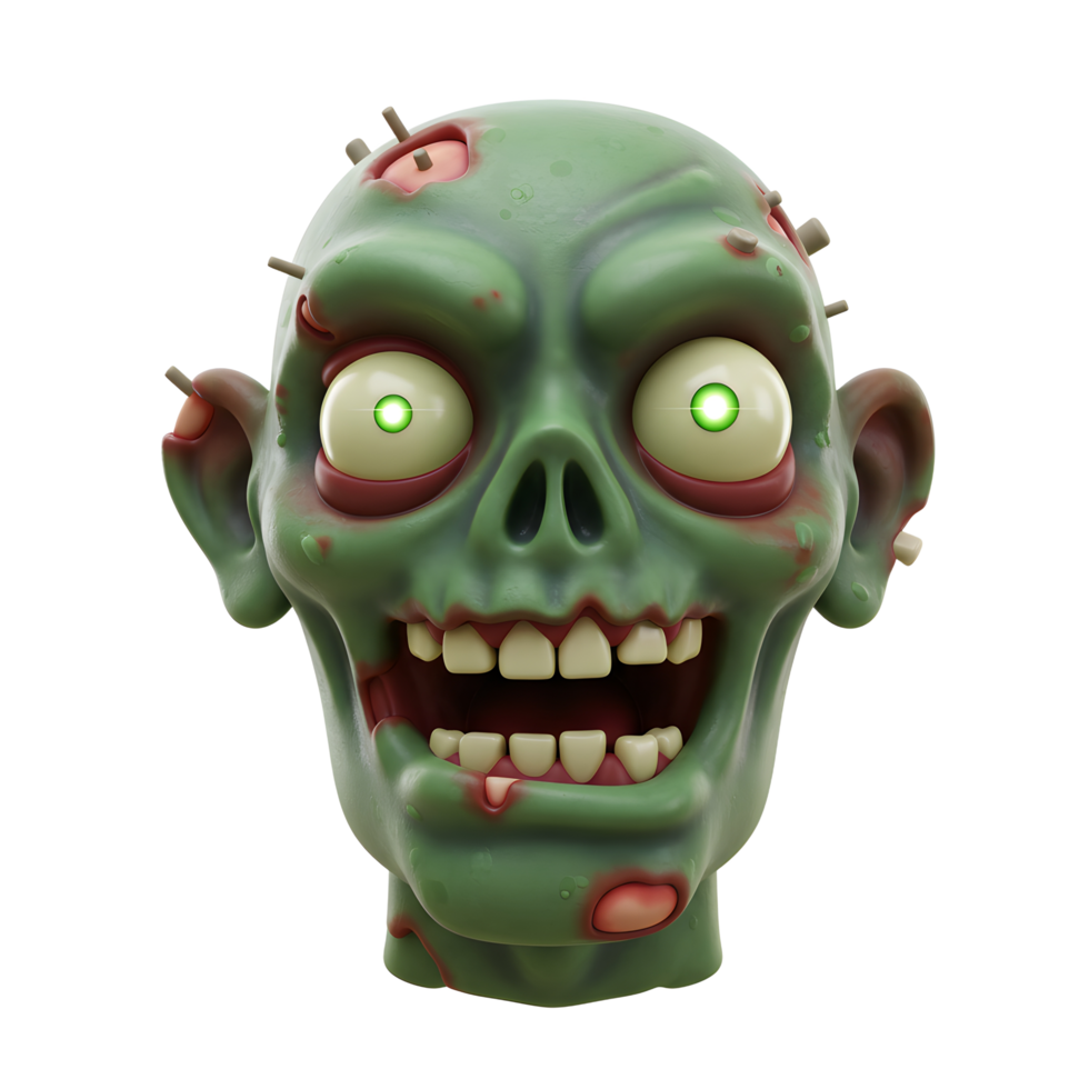 A cartoon zombie head is depicted with green skin, glowing green eyes, exposed teeth, and visible wounds, ideal for Halloween decorations or digital art. png