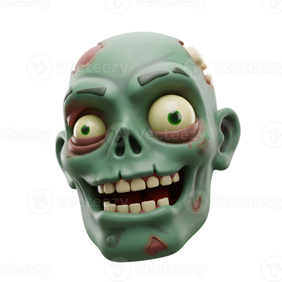 Illustration of a cartoon zombie head with decaying features and a wide grin can be used in Halloween themed designs. png