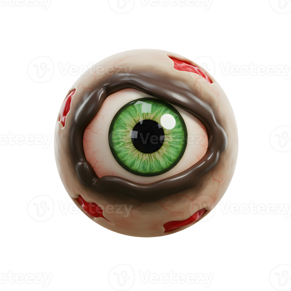 A zombie eyeball with green iris and fleshy decay is illustrated, likely for Halloween decoration. png
