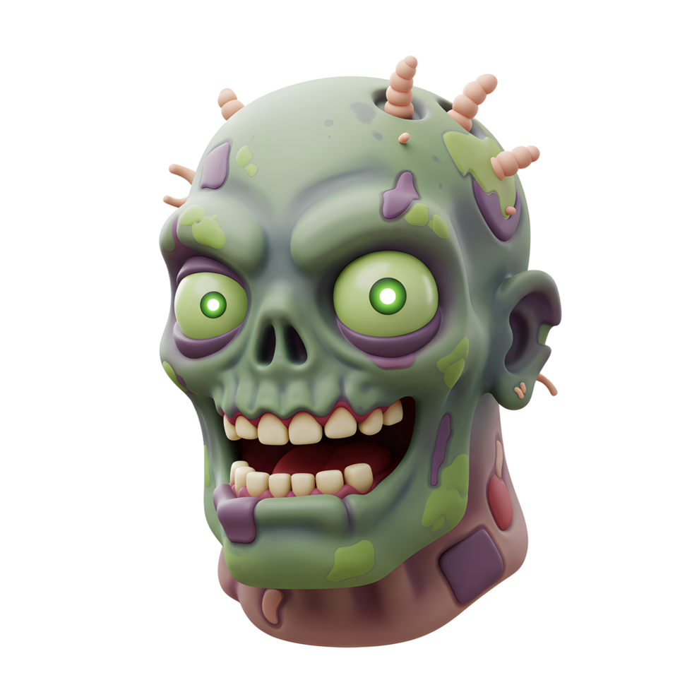 Cartoon zombie head with glowing eyes stares ahead, appearing menacing in an illustration for Halloween and horror themed designs. png
