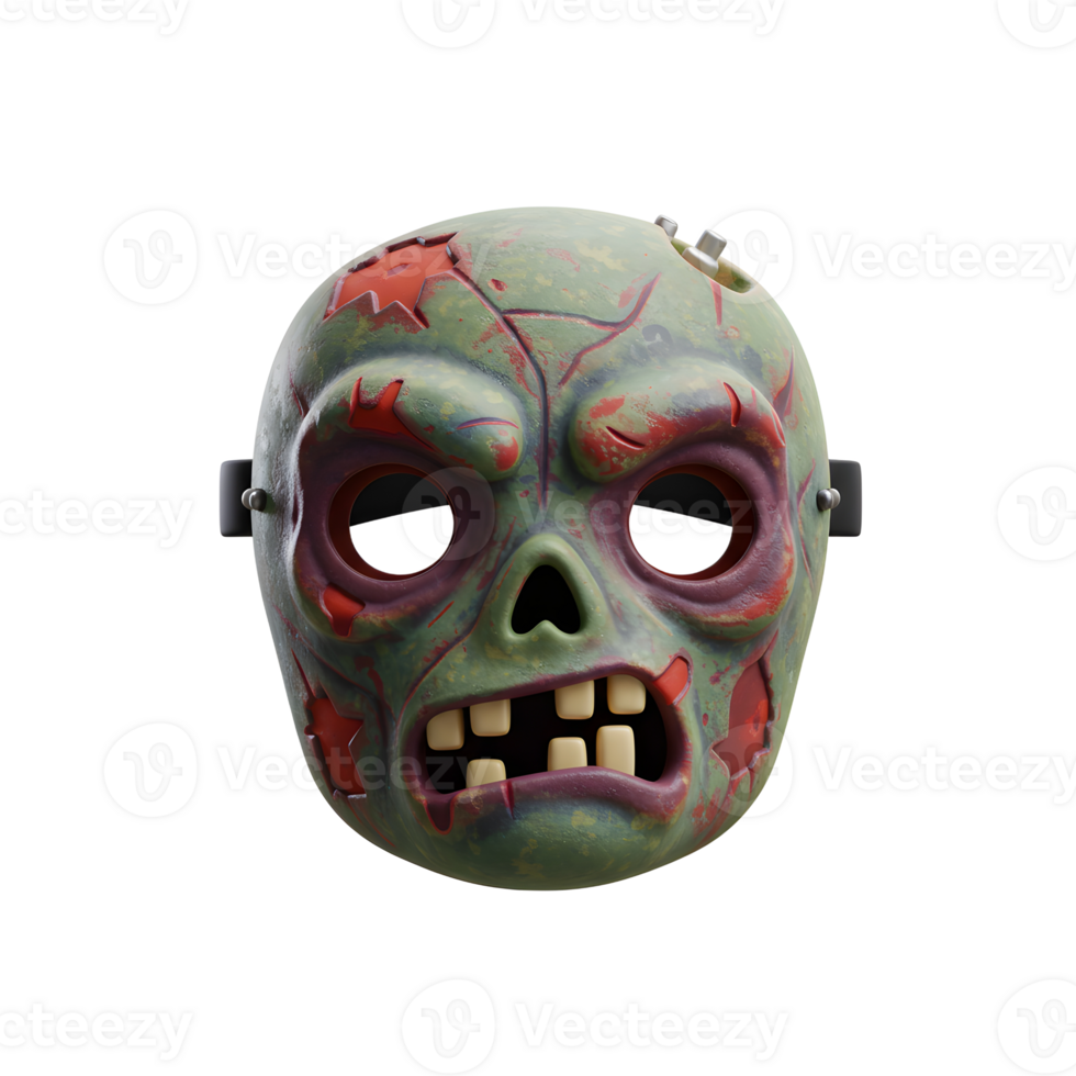 A creepy zombie mask features a rotting green face with red lesions and exposed teeth, perfect for adding a scare factor to a Halloween costume. png