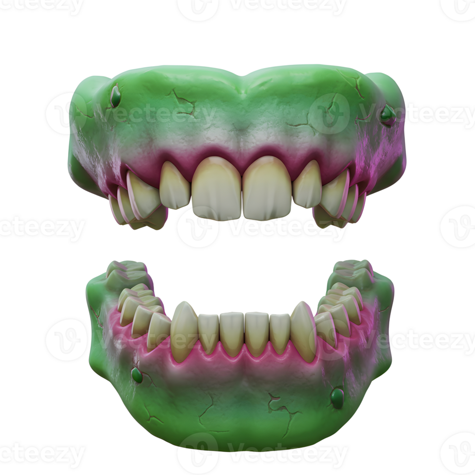 A monstrous zombie jaw featuring sharp teeth and green gums is presented, ideal for Halloween decorations or horror themed projects. png