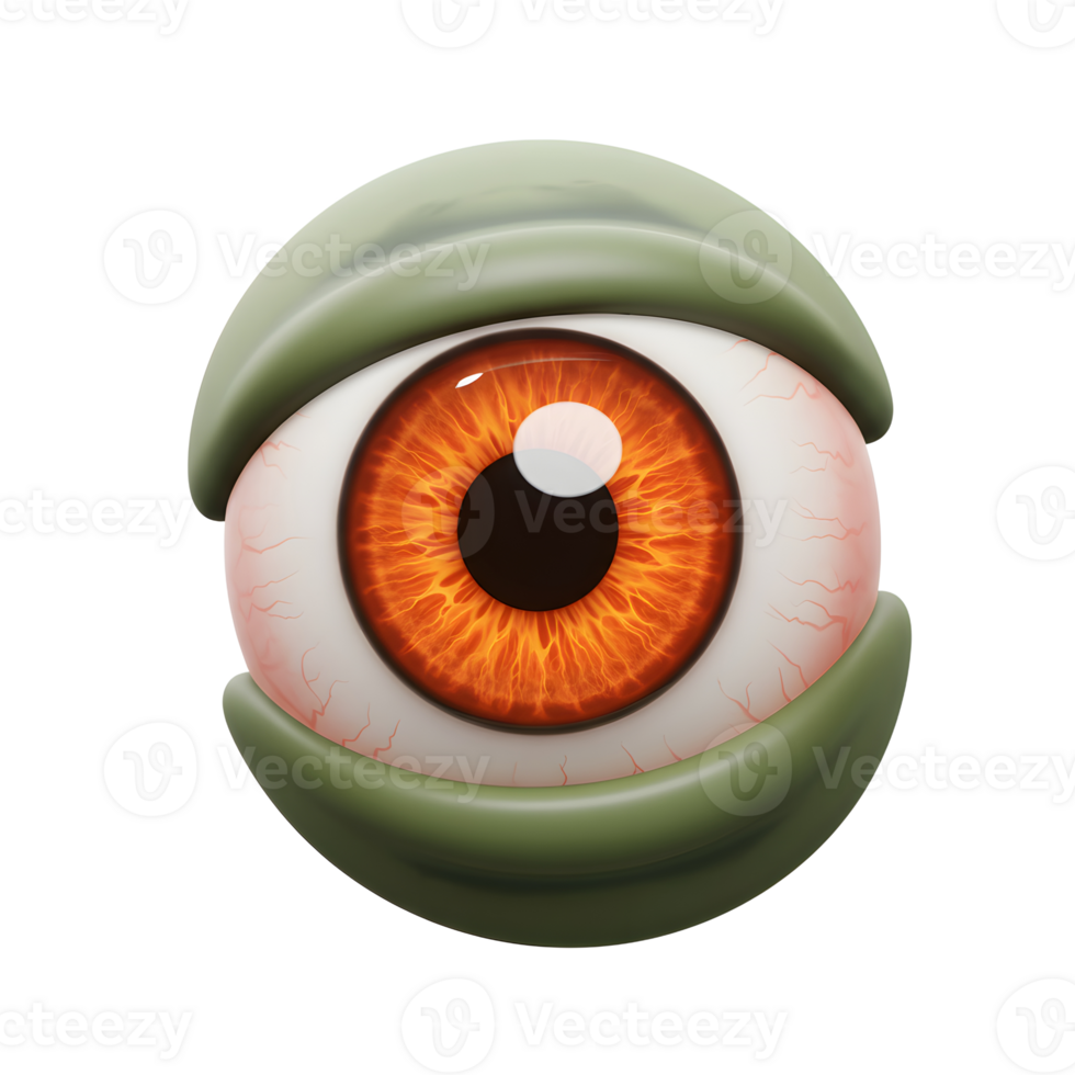 A cartoon eye with orange iris and green lid looks peculiar and can be used for spooky or creative design. png