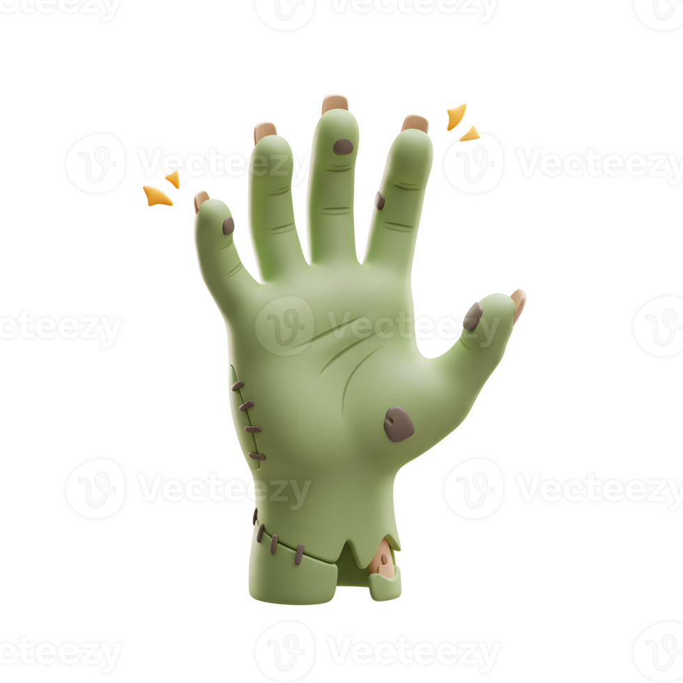 A green zombie hand rises with decaying details and stitching, ideal for Halloween decorations or themed graphic design. png