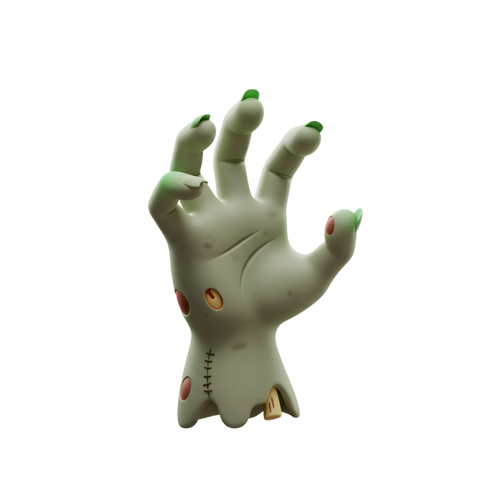 A cartoon zombie hand with green glowing nails, scars, and stitches can be used for Halloween decorations. png