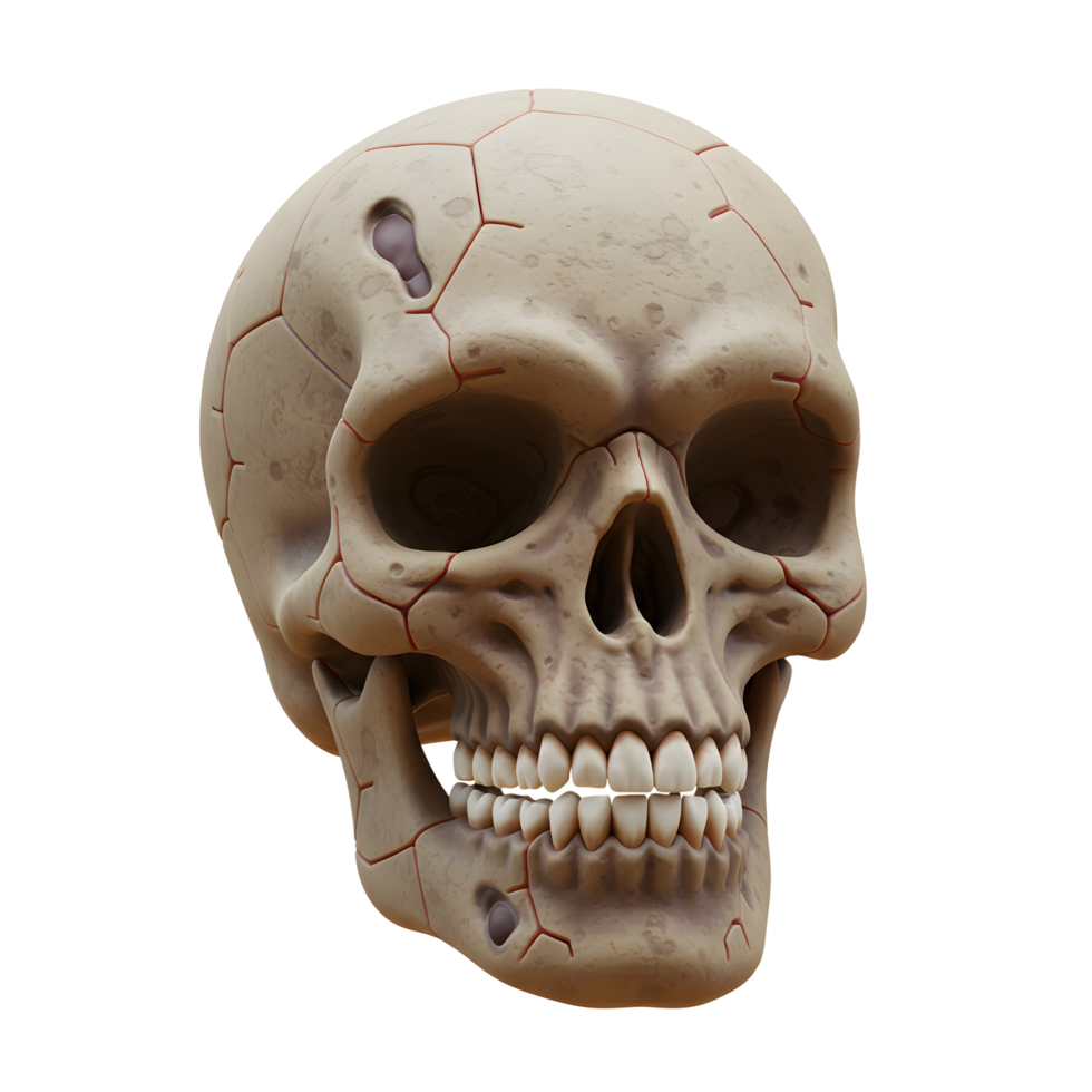 Detailed human skull features cracks and holes in its surface, rendering it ideal for Halloween decorations or artistic anatomical studies. png