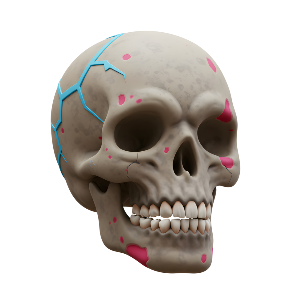 A gray skull features blue cracks and pink spots, giving it a distinct and weathered appearance suitable for Halloween decoration. png
