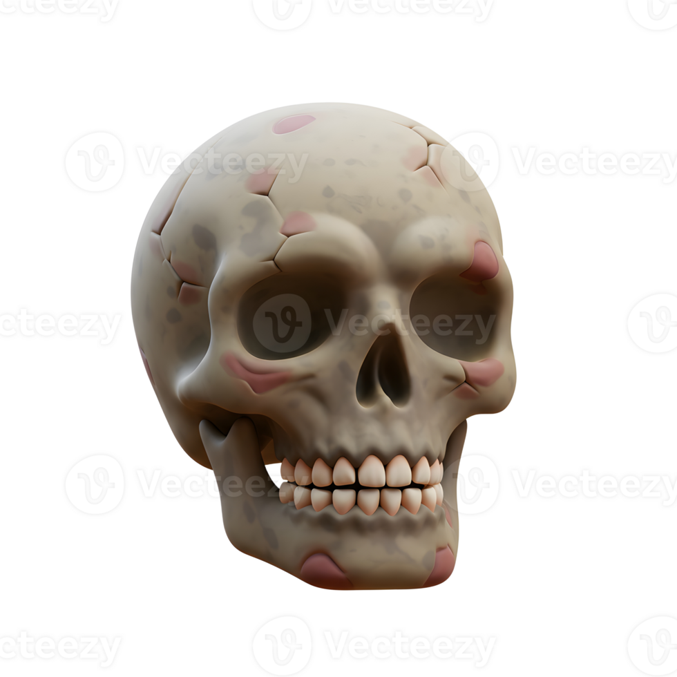 Cartoon style skull with cracks and blemishes, ideal for Halloween themed digital designs or spooky visuals. png