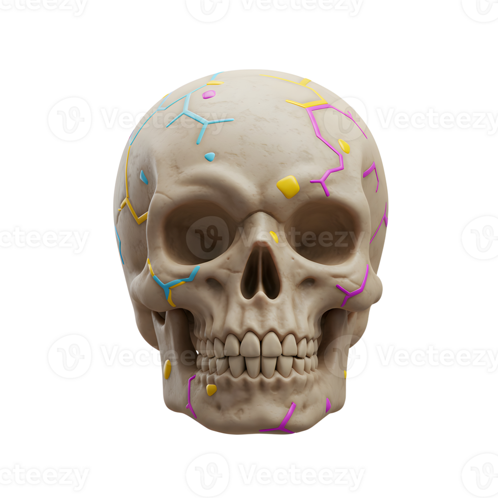 Close up view of a human skull decorated with colorful crack patterns against a white background, useful for Halloween and artistic projects. png