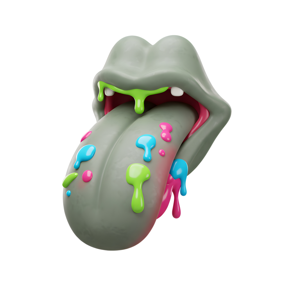 Cartoon mouth with tongue sticking out and colorful dripping paint, this image can be used for creative or playful designs. png