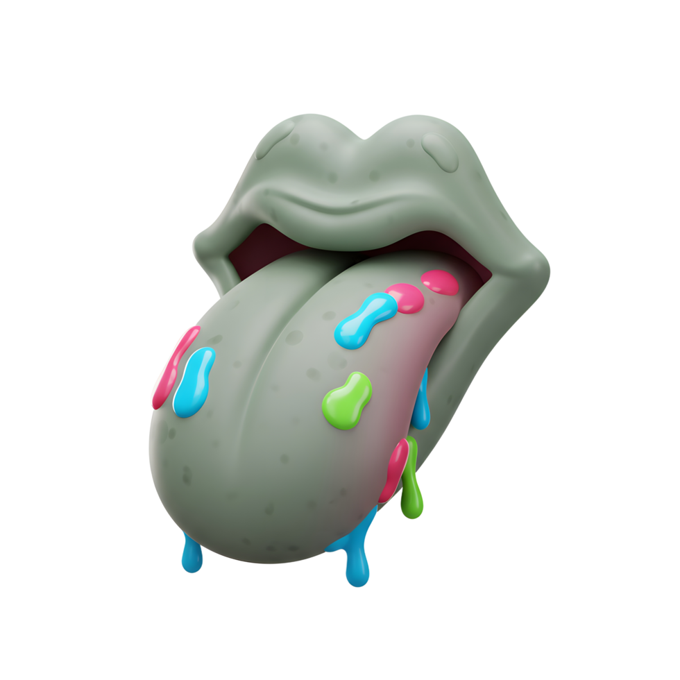 A cartoon mouth is open with the tongue sticking out, decorated with colorful paint drops dripping down, perfect for adding a whimsical touch to any design. png