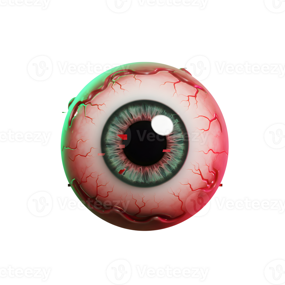 A singular eyeball with visible veins and digital glitch effects is depicted, and it can be used for horror or Halloween themed purposes. png