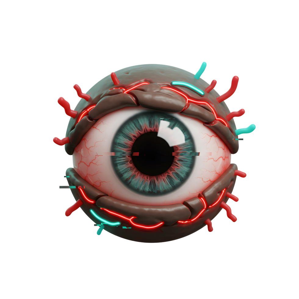 Detailed rendering of a creepy eyeball with glowing red veins and neon blue tubes wrapped around it, ideal for horror or sci fi themed projects. png