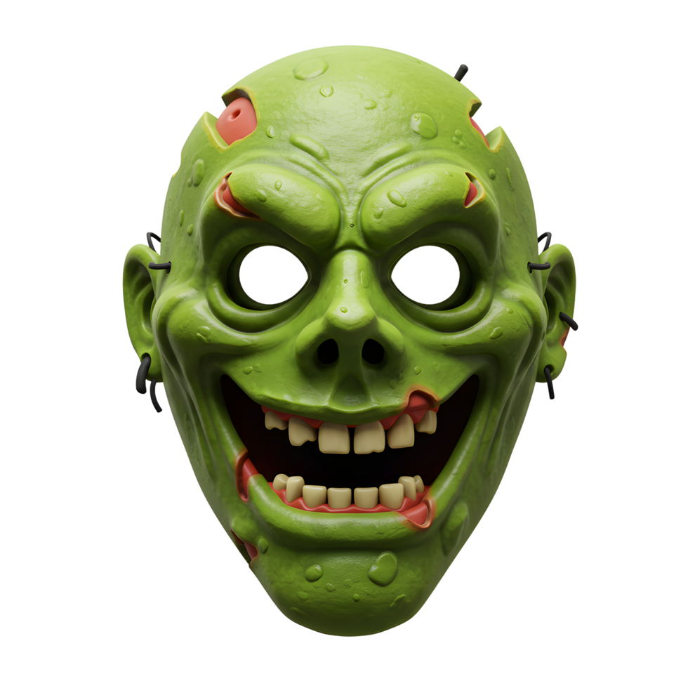 A bright green zombie mask with exposed teeth and visible stitches creates a spooky, cartoonish aesthetic, perfect for Halloween costumes and themed parties. png