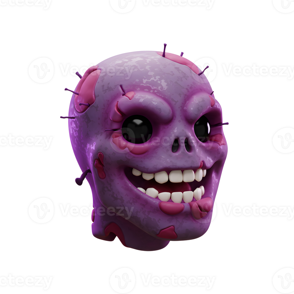 A purple cartoon zombie head smiles with large eyes and pins protruding from its head, often used for Halloween decorations and digital art. png