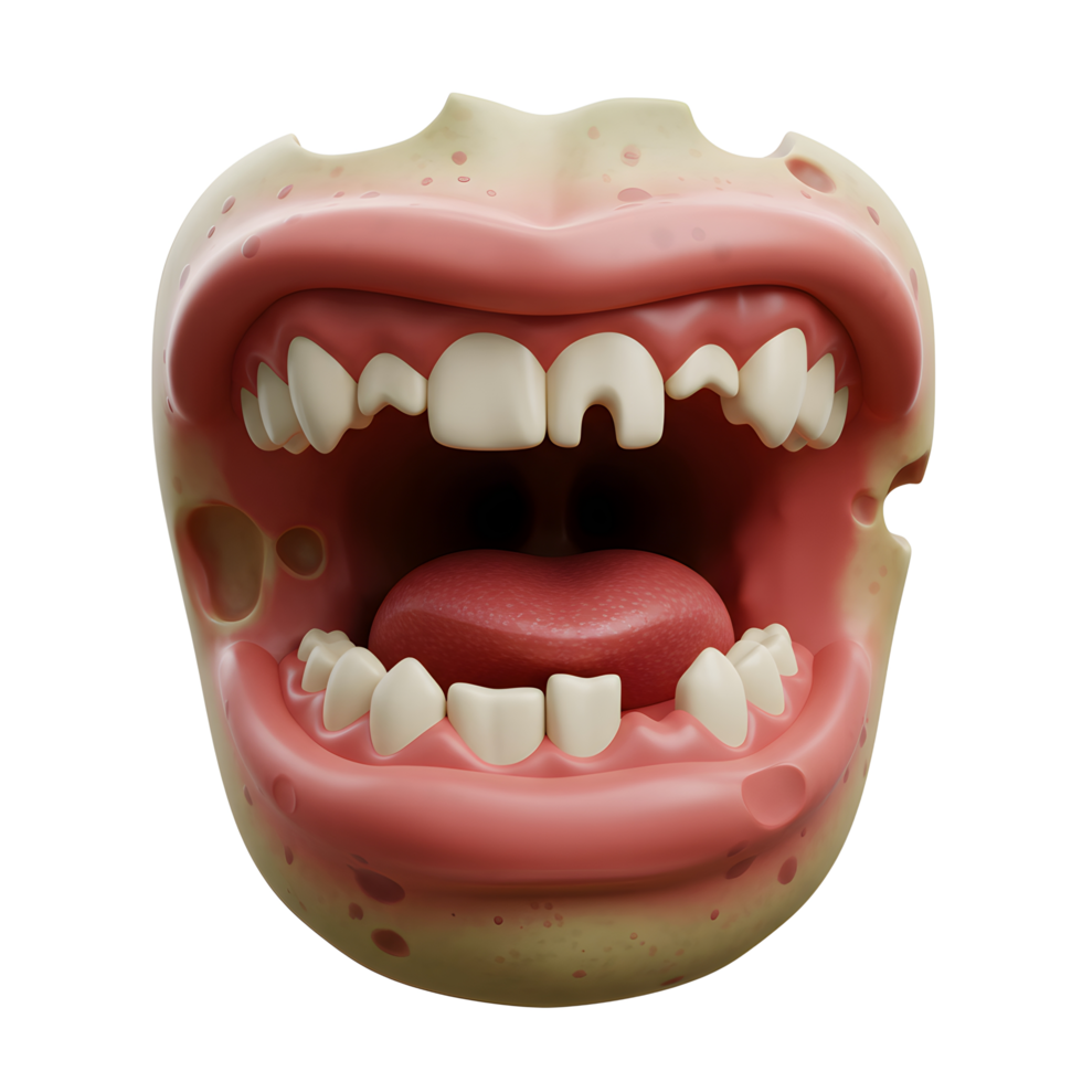 A digitally rendered open mouth with visible teeth and tongue is displayed, showcasing a unique anatomical view for educational or artistic purposes. png