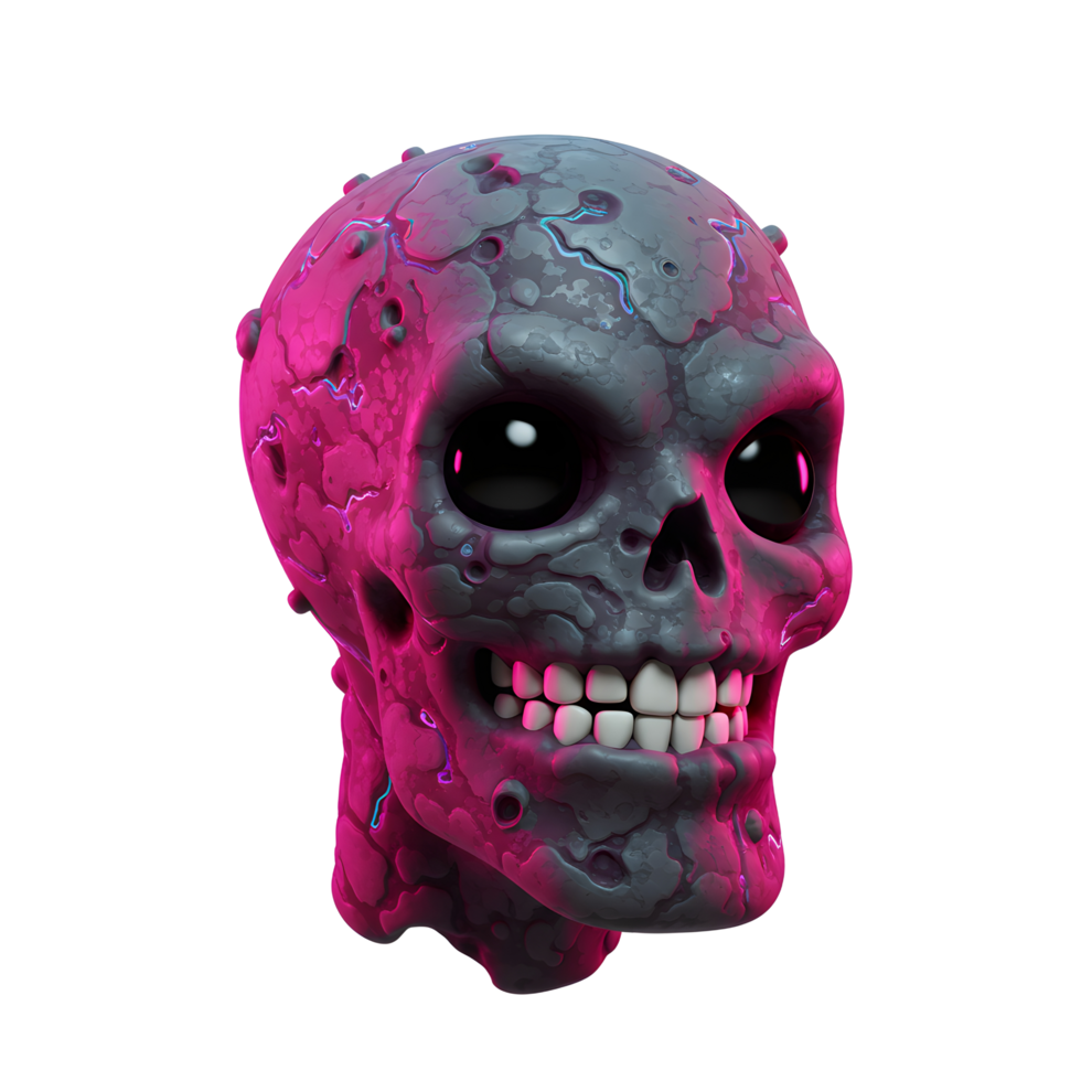 A gray skull with visible holes is lit by a pink light, creating a spooky and cartoonish image for Halloween decorations. png