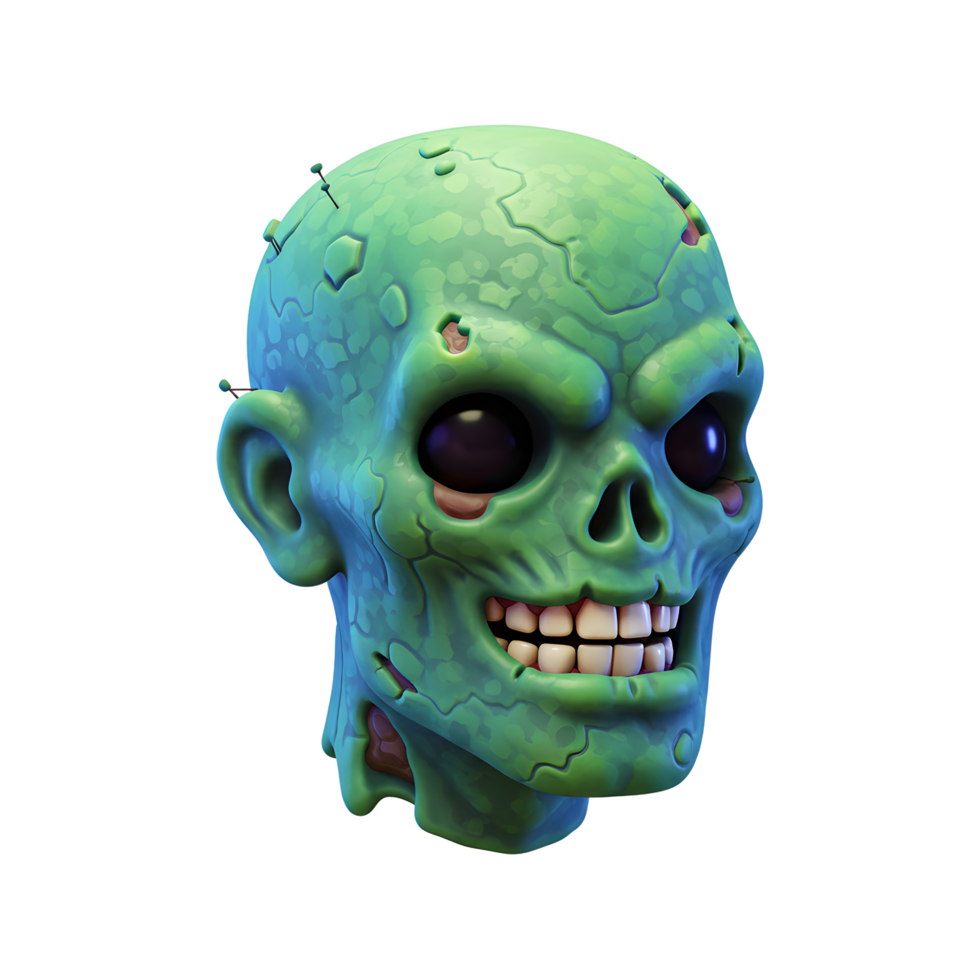 A cartoonish, green zombie head with pins sticking out grins against a white background, perfect for Halloween graphics or scary themes. png