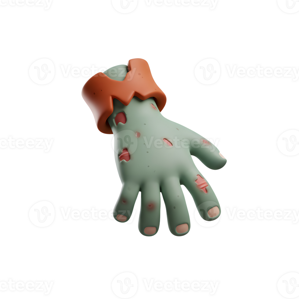 A green cartoon zombie hand is depicted with wounds and a brown cuff, perfect for Halloween decorations and themed parties. png