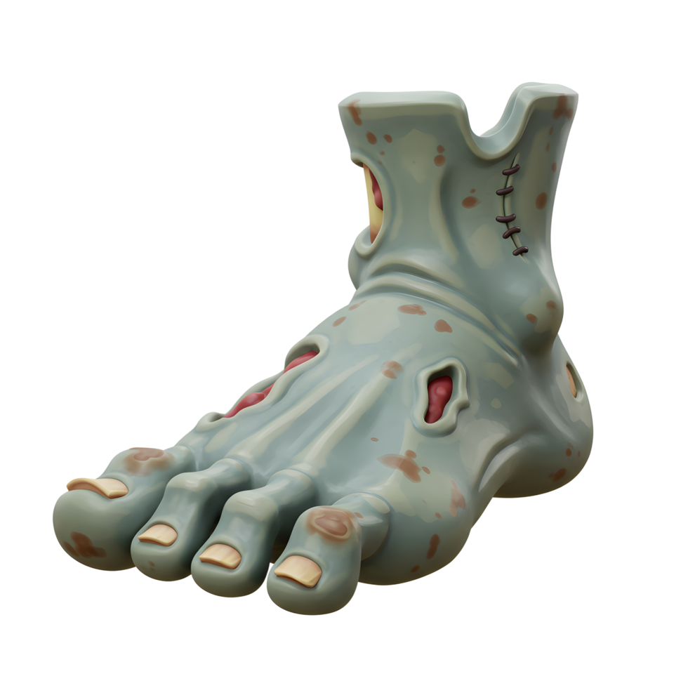 Cartoon zombie foot is depicted with wounds and stitches, its pale green skin and decaying features create a chilling effect making it ideal for Halloween decorations. png