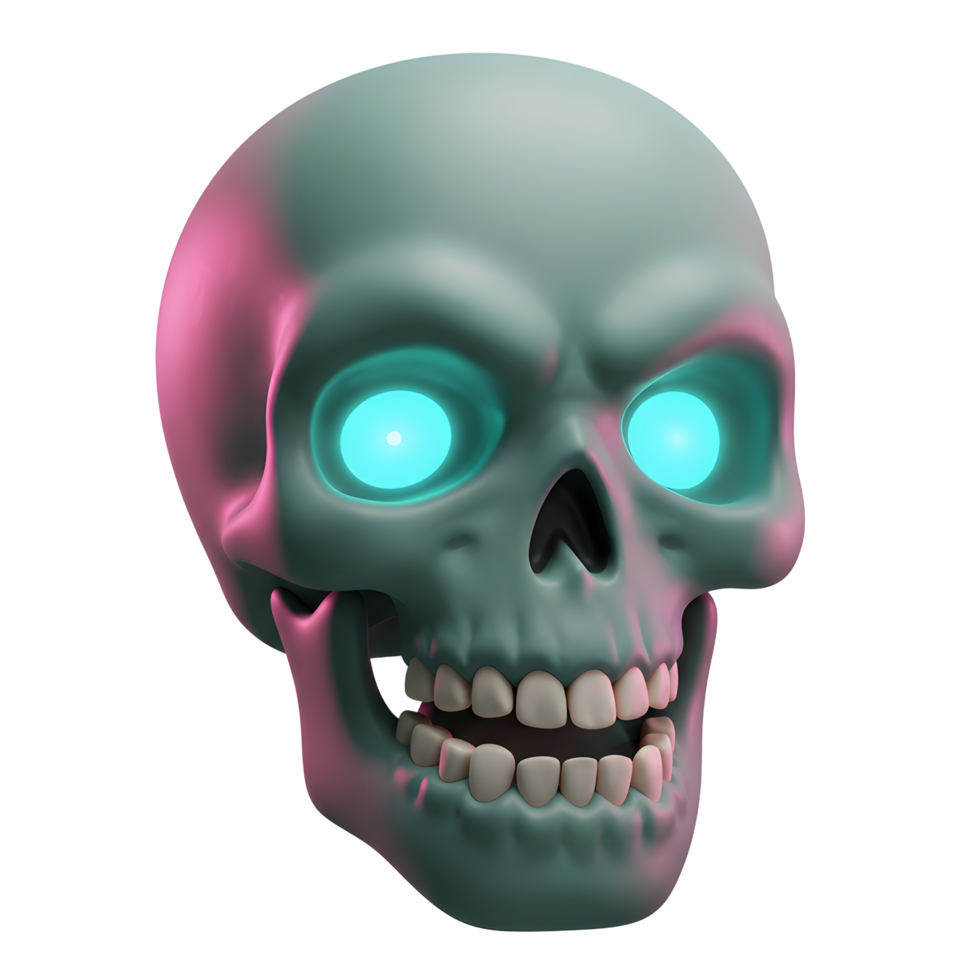 A spooky skull with glowing teal eyes rendered in 3D with pink lighting creates an eerie effect, suitable for Halloween or horror themes. png