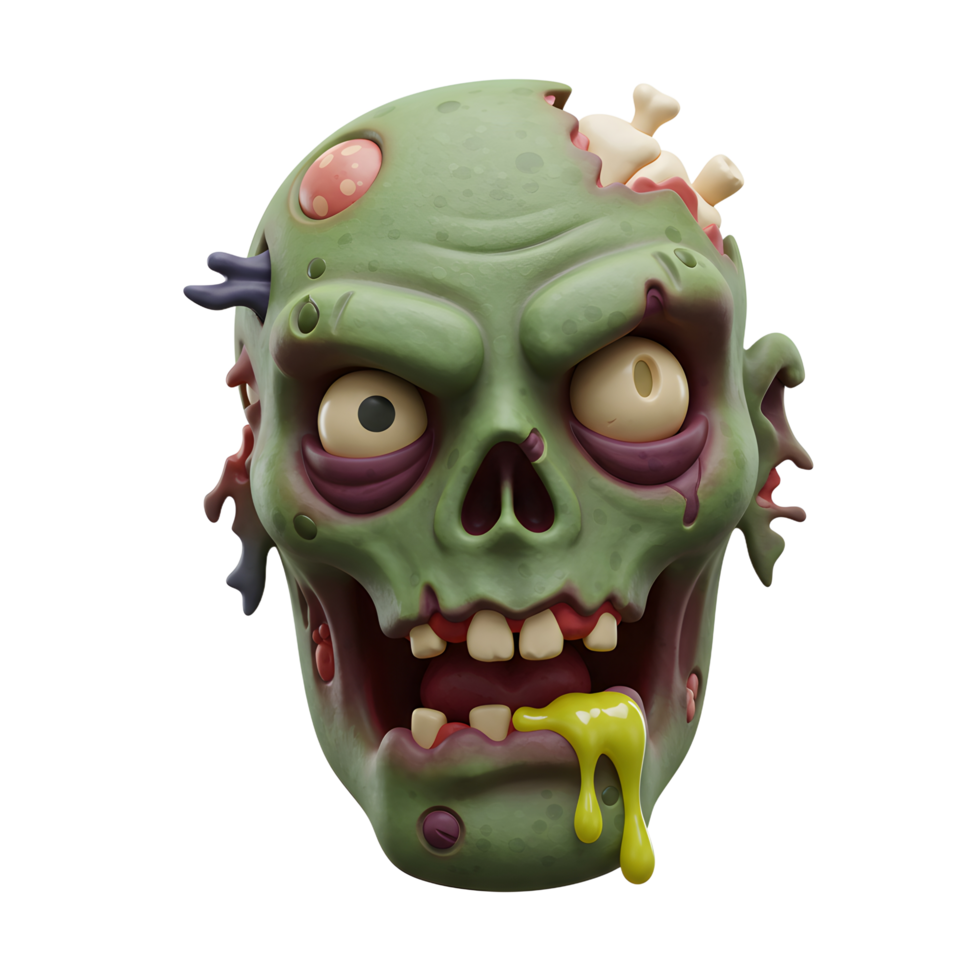 This cartoon zombie face has green skin, exposed bones, and dripping slime, making it suitable for halloween decorations. png
