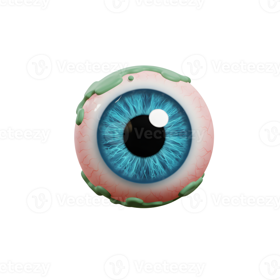 Cartoon eye with blue iris and green goo around the edges makes a spooky impression and can be used for Halloween related designs. png