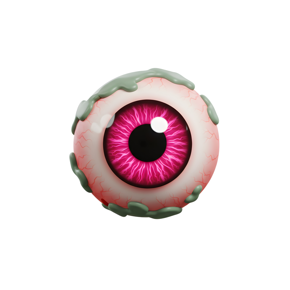 A 3D rendered pink eyeball with green mucus is isolated against a white background to be used for Halloween decoration. png