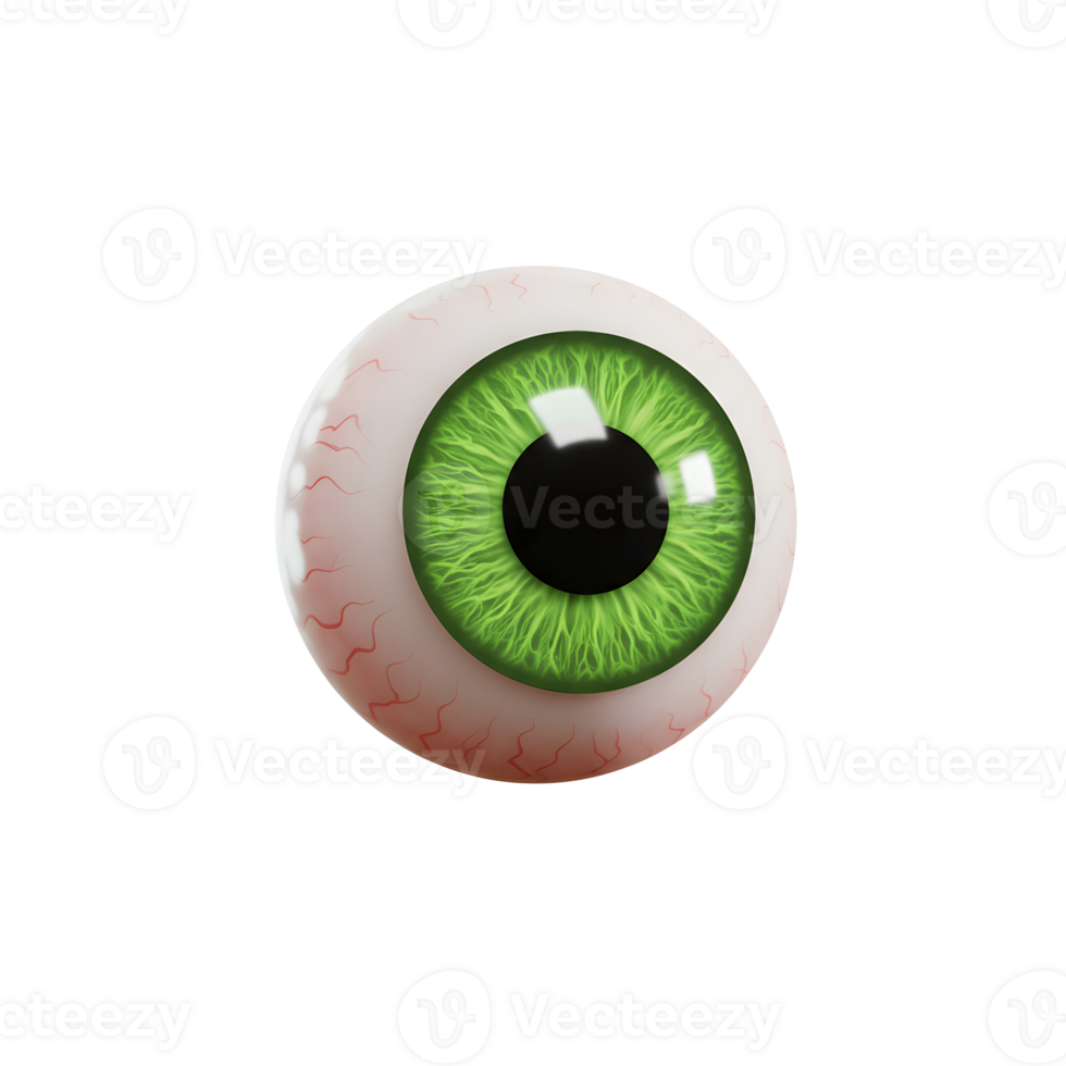 A photorealistic, green eyeball floats against a white background, and it can be used for medical or artistic purposes. png