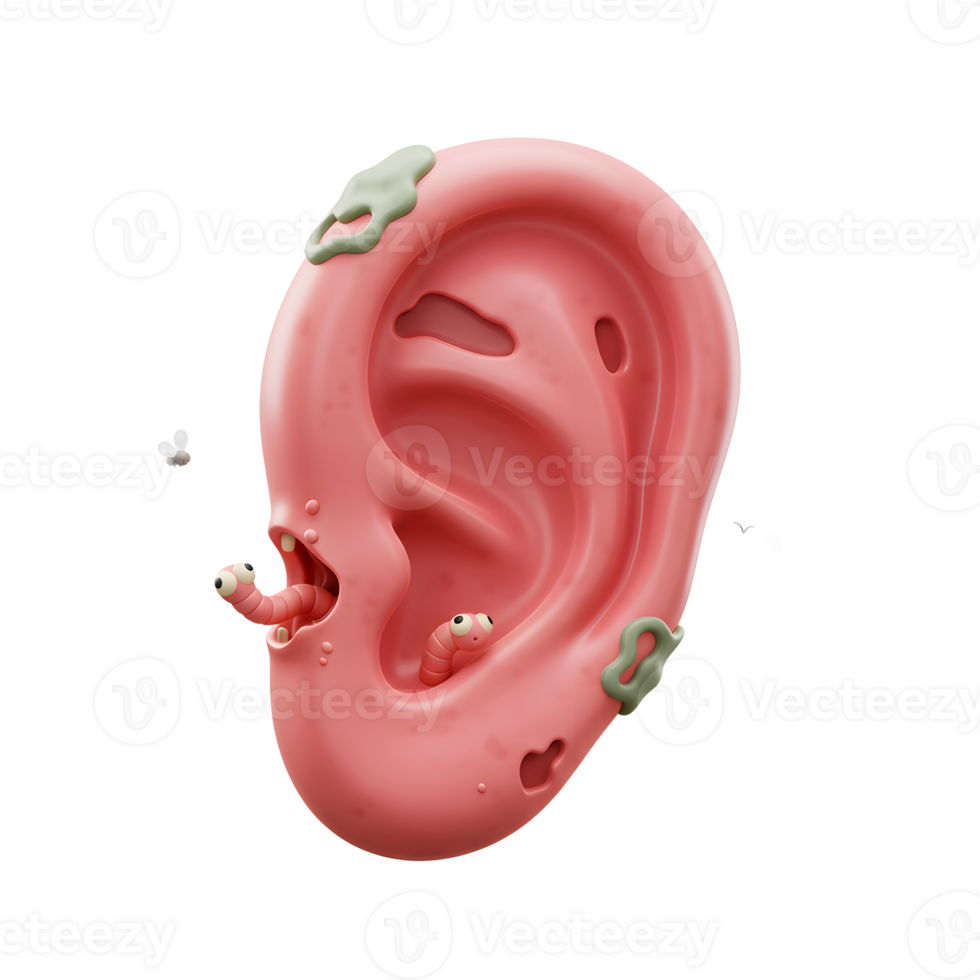 A 3D render shows an ear with worms crawling out and flies buzzing around, likely used to represent an ear infection or infestation. png