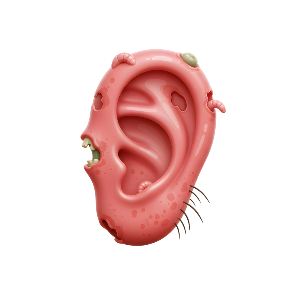 Cartoon image of an ear is infested with worms and visited by a fly, creating a grotesque illustration for use in horror or Halloween themed content. png
