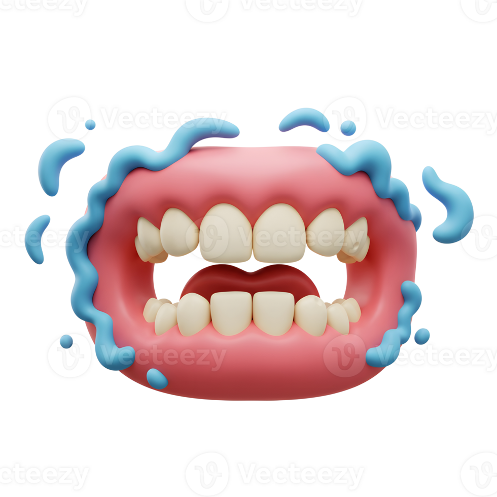 Cartoon mouth with pink lips, white teeth and blue water drops illustrates cleanliness and can be used for dental hygiene promotion. png