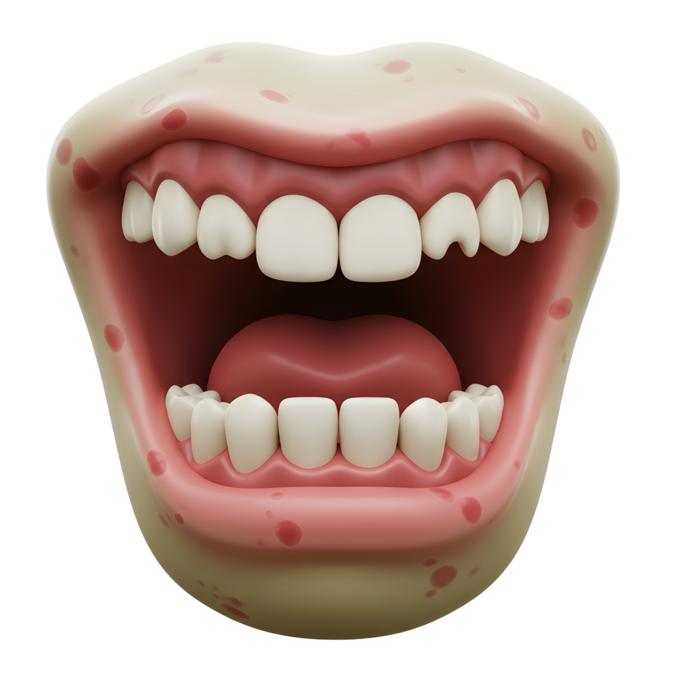 A stylized open mouth is showing teeth and tongue with red spots on the surrounding skin, ideal for illustrating dental health or cartoon characters. png
