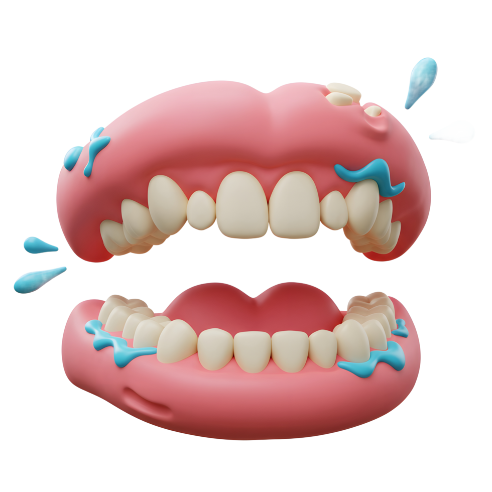 A cartoon mouth shows teeth covered in blue liquid, potentially representing disease or medicine, for health illustrations. png