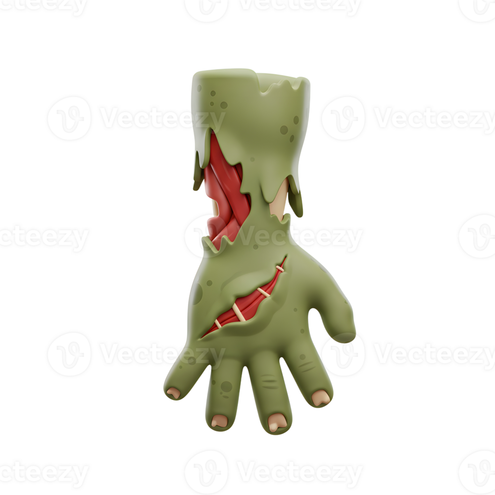 A cartoon zombie hand with decaying flesh and visible muscle is presented as a Halloween decoration for spooky themed events and displays. png