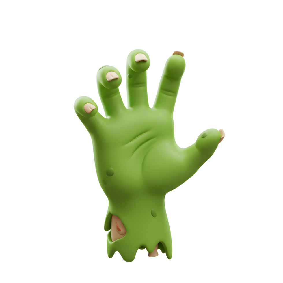 A cartoonish green zombie hand with exposed bones and a decaying appearance can be used for Halloween themed designs. png