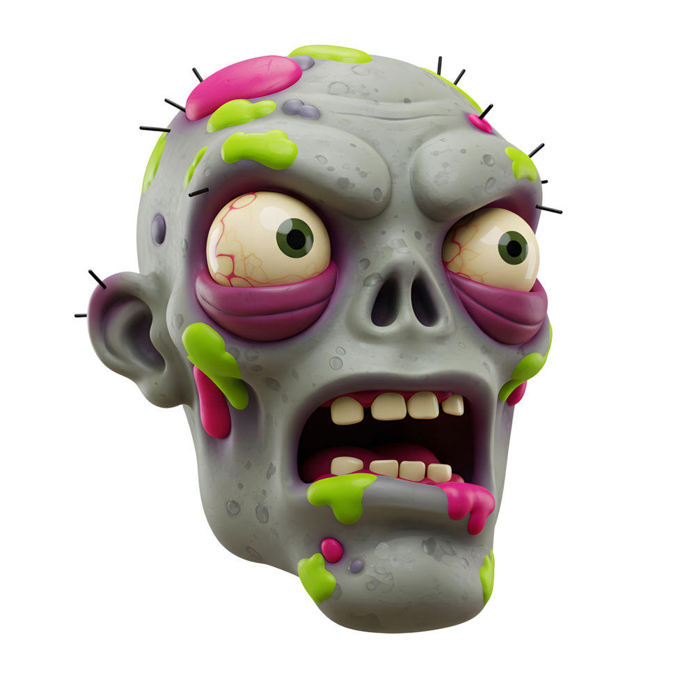 A cartoon zombie head with bulging eyes and rotting flesh is depicted with a colorful and playful style, perfect for halloween themes. png